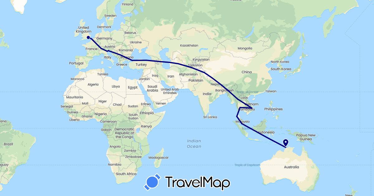 TravelMap itinerary: driving in Australia, Azerbaijan, Switzerland, France, United Kingdom, India, Italy, Cambodia, Malaysia, Thailand, Turkmenistan, Turkey, Vietnam (Asia, Europe, Oceania)